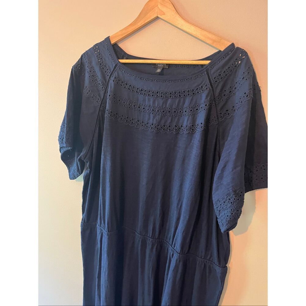 Talbots Plus Petite 2XP Navy Blue Eyelet Yoke Dress Cotton Modal Knit Short Slee - Picture 2 of 8